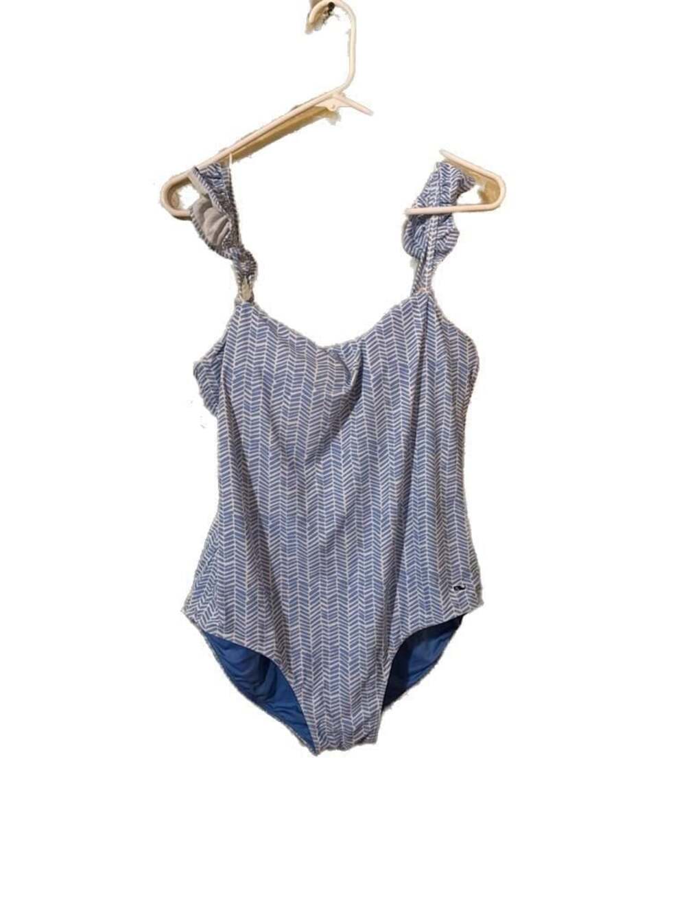 Vineyard Vines Blue and White Herringbone Ruffle Strap One-Piece Swimsuit